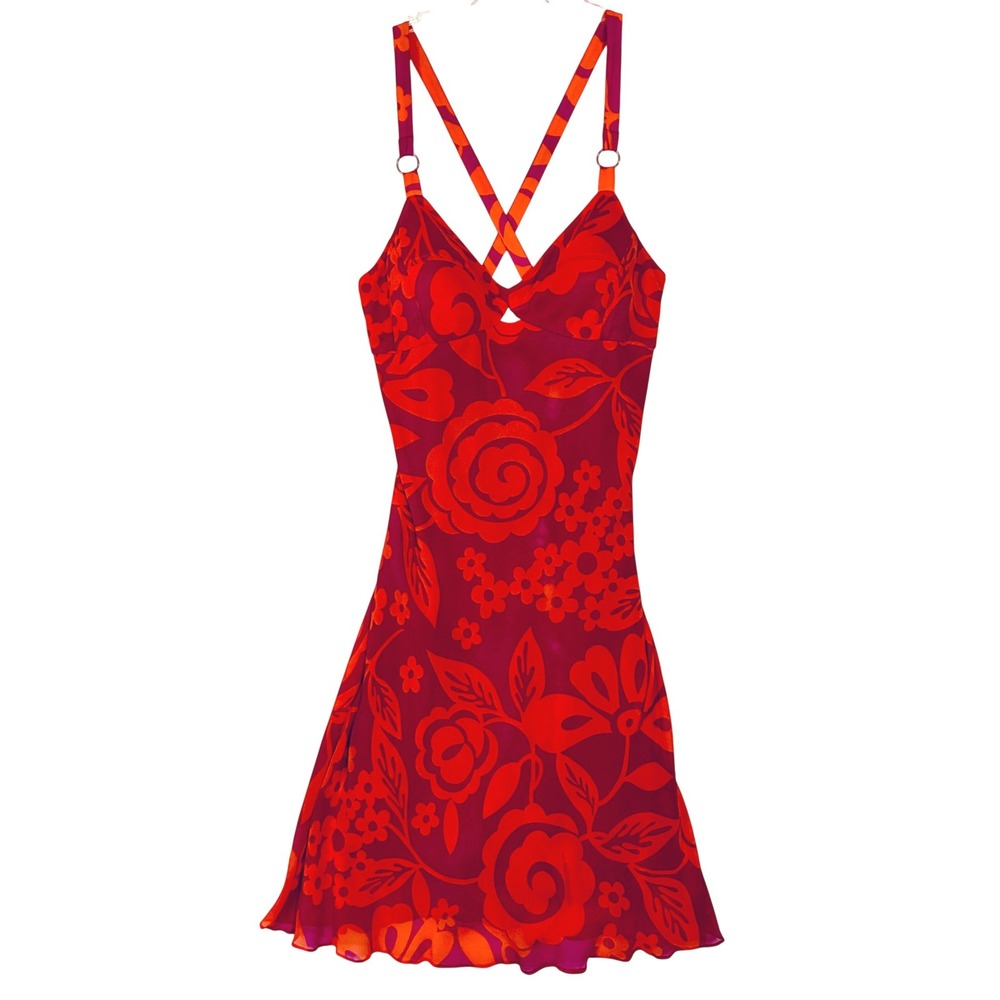 Y2K Sue Wong Silk Babydoll Slip Dress 10 Pink Orange Tropical Mod Retro 90s